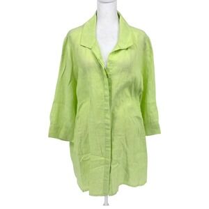 Foxcroft NYC Women Green Linen Button Down Shirt Size 16 Coastal Lagenlook